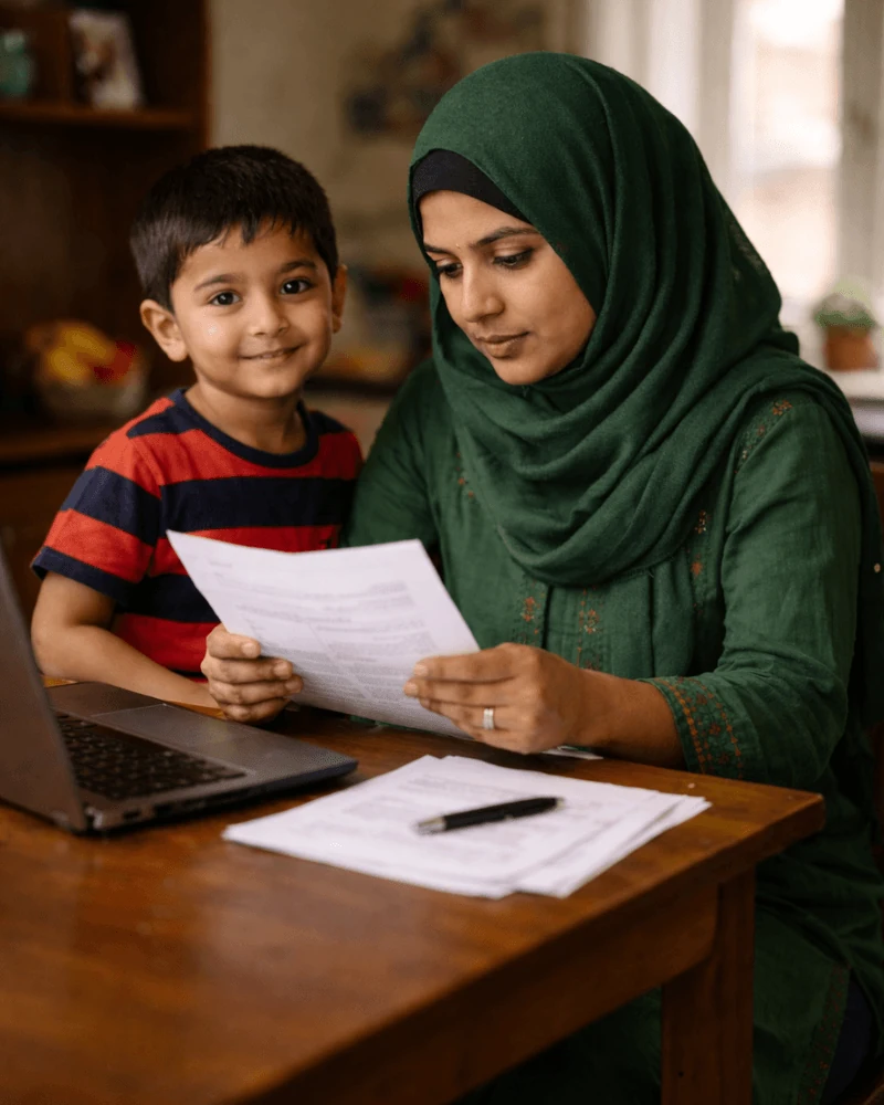 Bangladeshi parent and child with certified birth certificate translation documents for UK visa application