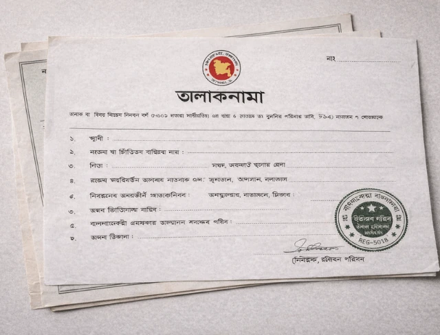 Bangladeshi Talak Nama divorce certificate in Bangla issued by a Union Parishad Arbitration Council requiring certified translation