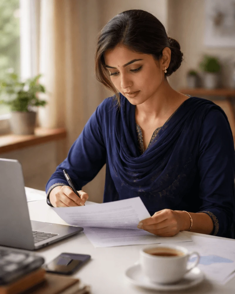 Bangladeshi professional reviewing certified divorce certificate translation documents for immigration application