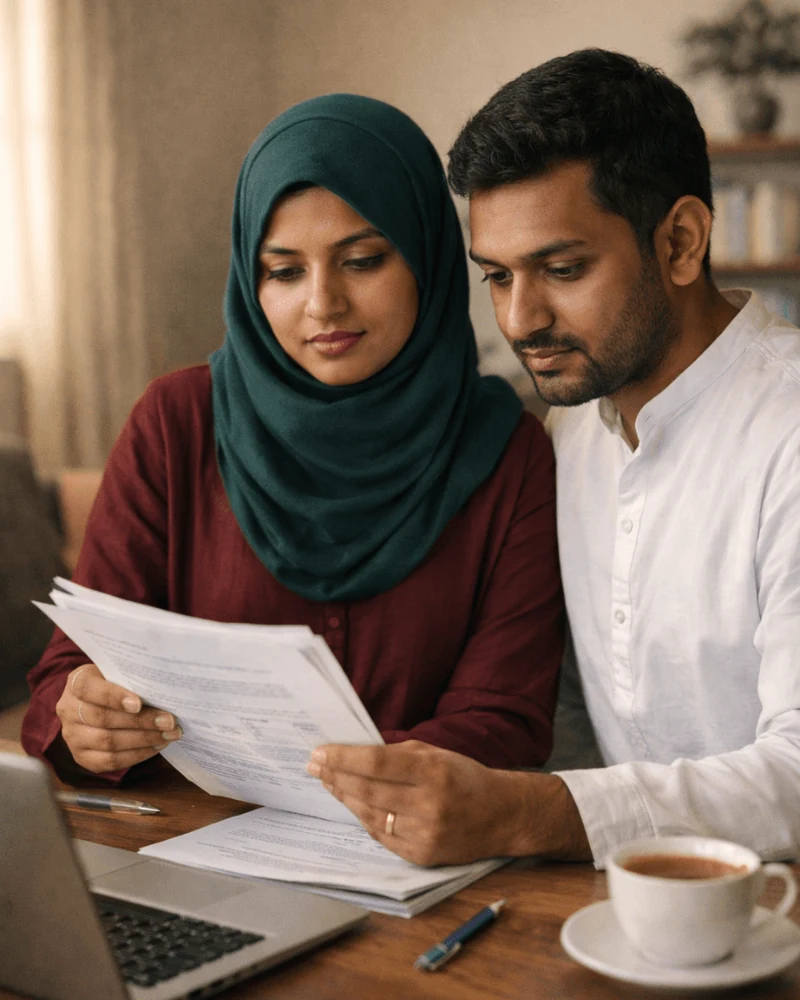 Bangladeshi woman holding a certified Kabin Nama translation document for UK visa application
