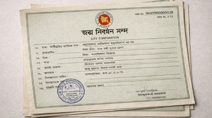 Bangladeshi birth registration certificate in Bangla issued by a City Corporation with official stamp