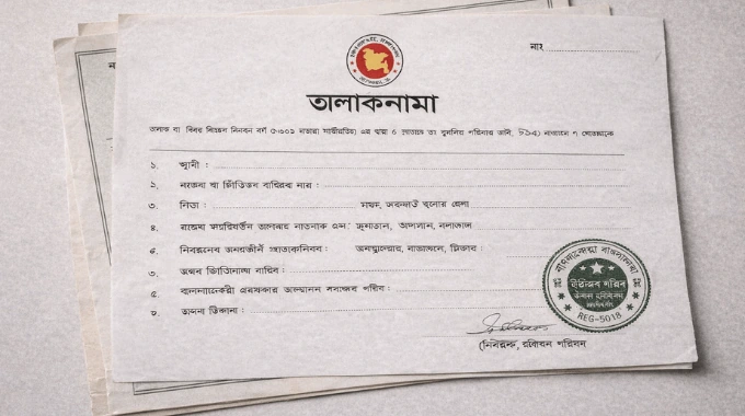 Bangladeshi Talak Nama divorce certificate in Bangla issued by a Union Parishad Arbitration Council with official stamp