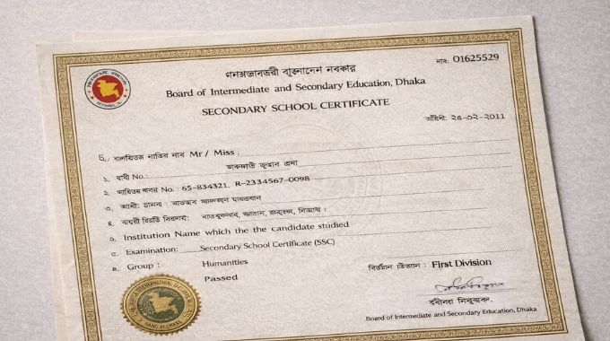Bangladeshi SSC educational certificate in Bangla issued by the Dhaka Education Board with official stamp and watermark
