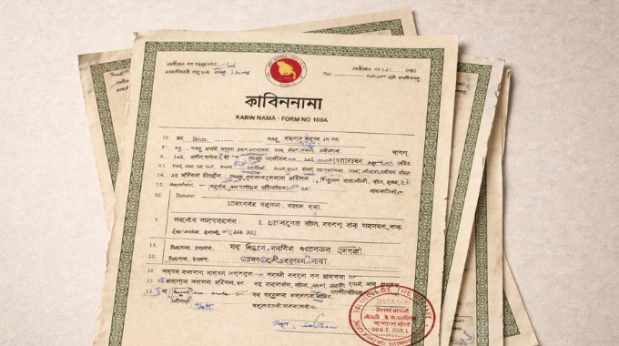 Bangladeshi Kabin Nama marriage registration certificate in Bangla with Kazi seal and witness signatures