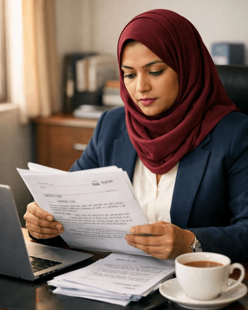 Bangladeshi professional reviewing certified Bangla document translations for UK visa and immigration applications