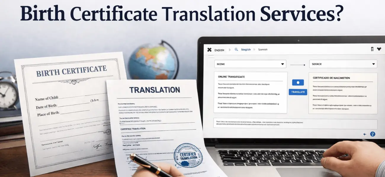 Online birth certificate translation services with certified document and digital translation interface on laptop