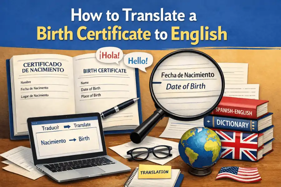 Illustration showing how to translate a birth certificate to English