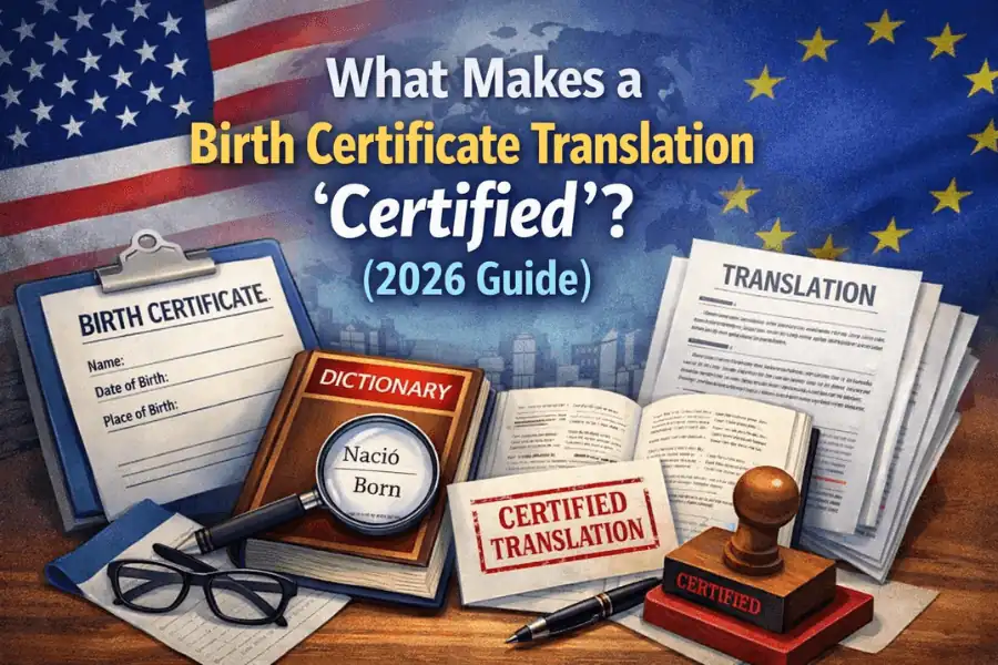 Certified birth certificate translation guide with official documents and stamp (2026)