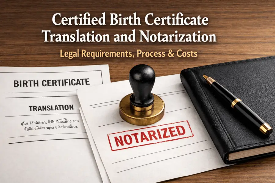 Certified birth certificate translation and notarization with official documents and notary seal