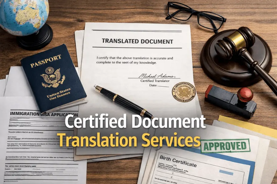 Certified document translation services showing translated document, passport, and USCIS-approved paperwork on desk