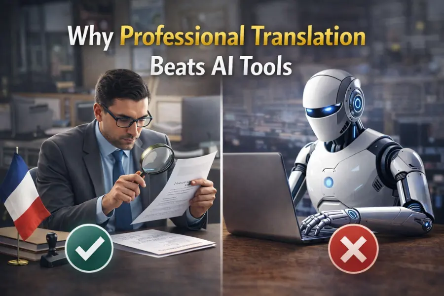 Professional human translator working on documents compared to AI translation tools<br />
