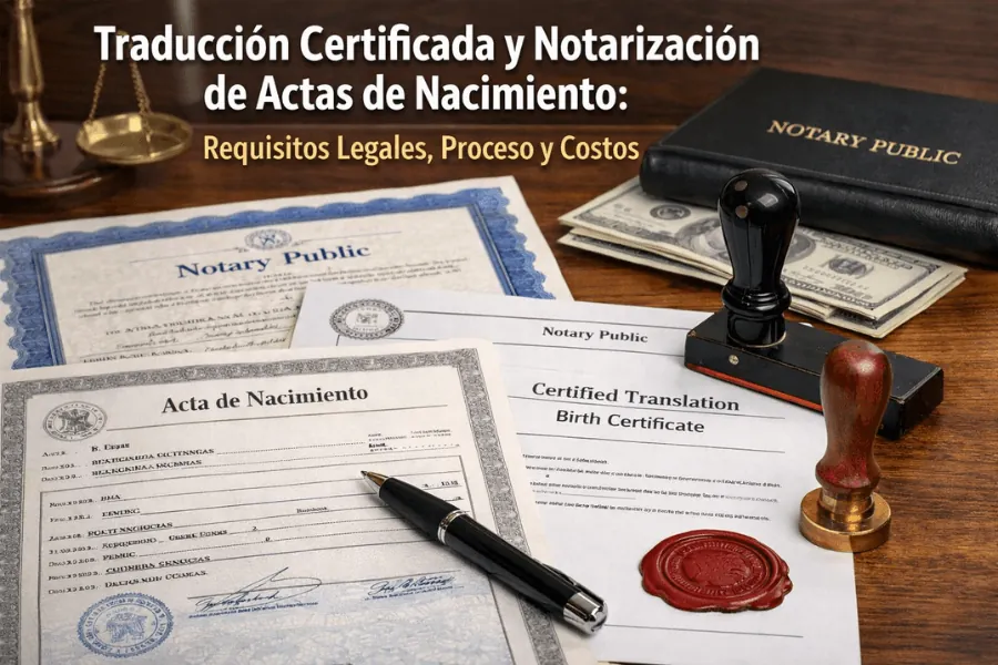 Traducción certificada y notarización de acta de nacimiento con sello notarial y documentos oficiales