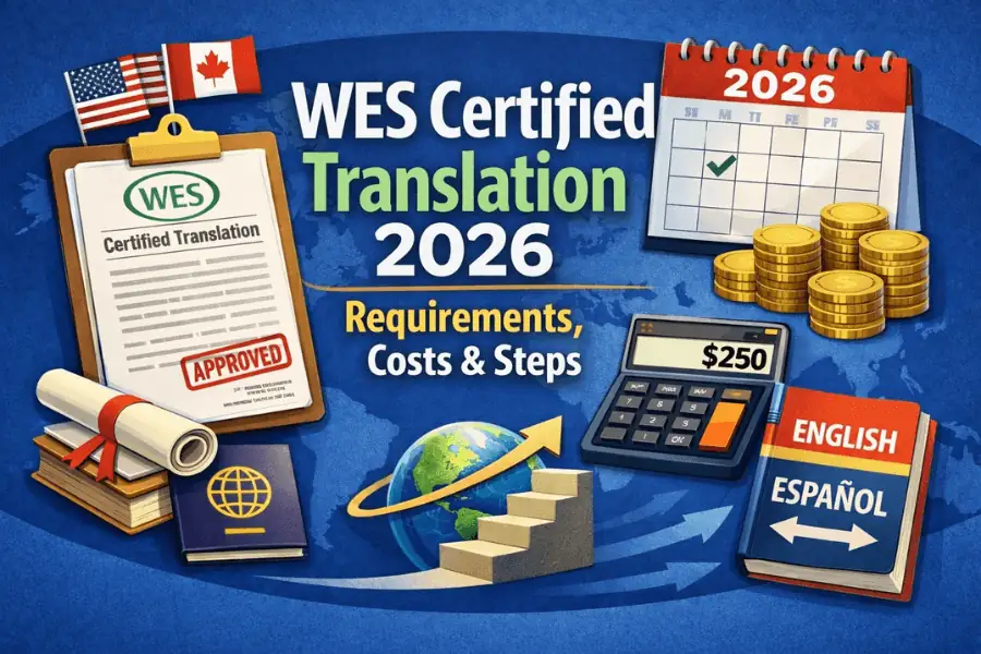 WES Certified Translation 2026 featured image showing certified documents, calendar, costs, and translation steps