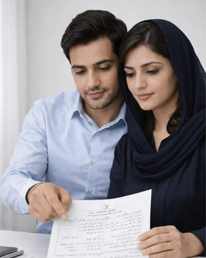 Pakistani family reviewing NADRA Family Registration Certificate for UK spouse visa translation