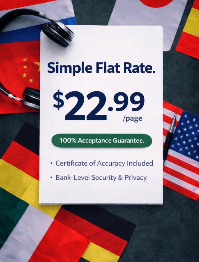 Simple flat rate pricing at $22.99 per page for ECFMG certified translation with 100% acceptance guarantee