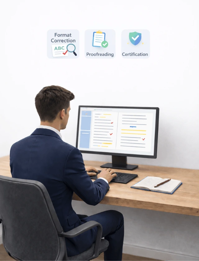 Qualified medical translator working on certified translation of foreign medical documents on dual monitors