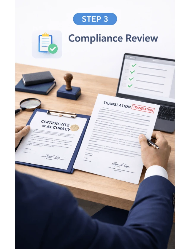 ECFMG compliance reviewer checking certified translation against original medical document with certification statement