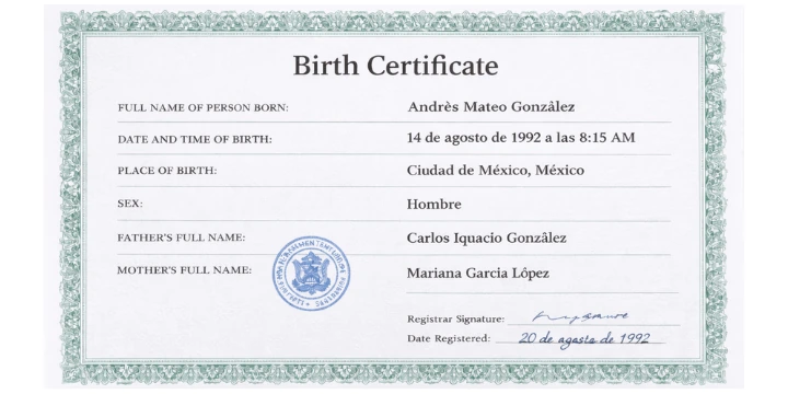 Foreign birth certificate document requiring certified English translation for USCIS immigration application