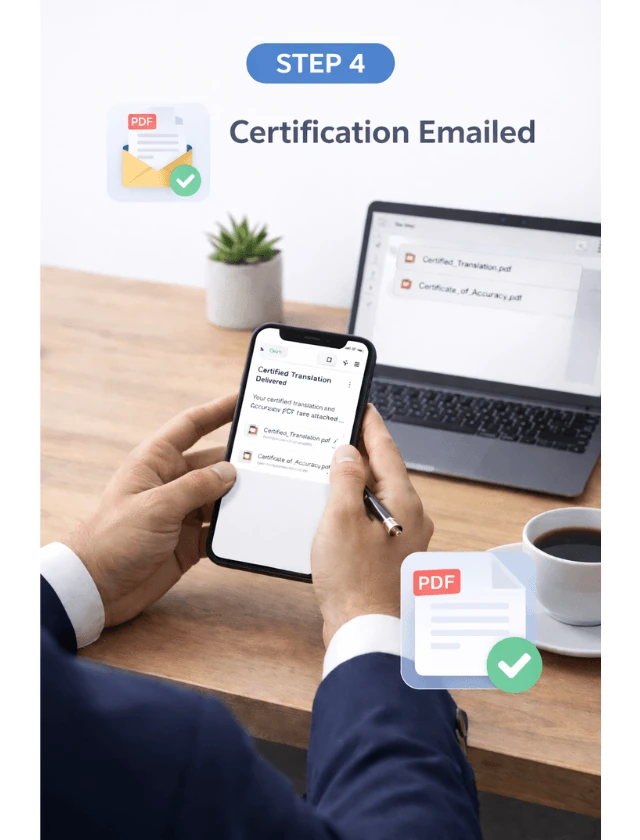 Certified translation PDF and Certificate of Accuracy delivered via email to phone and laptop ready for USCIS submission