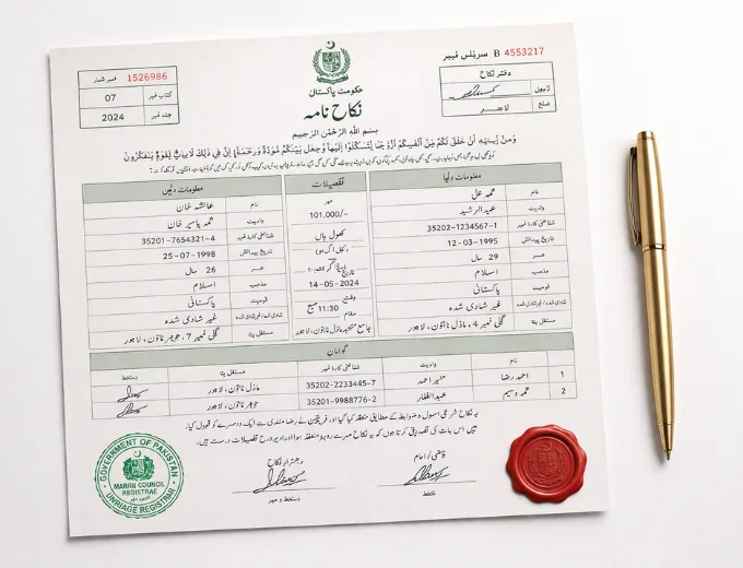 Official Pakistani Nikah Nama marriage certificate requiring certified Urdu to English translation
