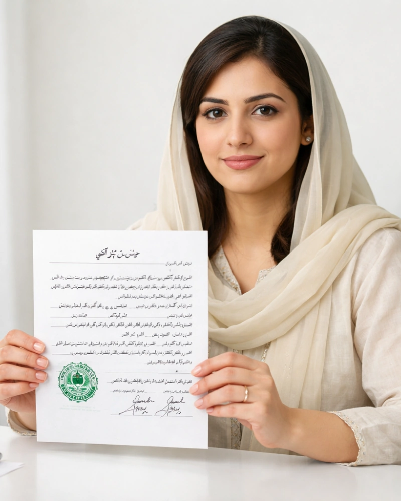 Pakistani woman holding a certified Nikah Nama translation document