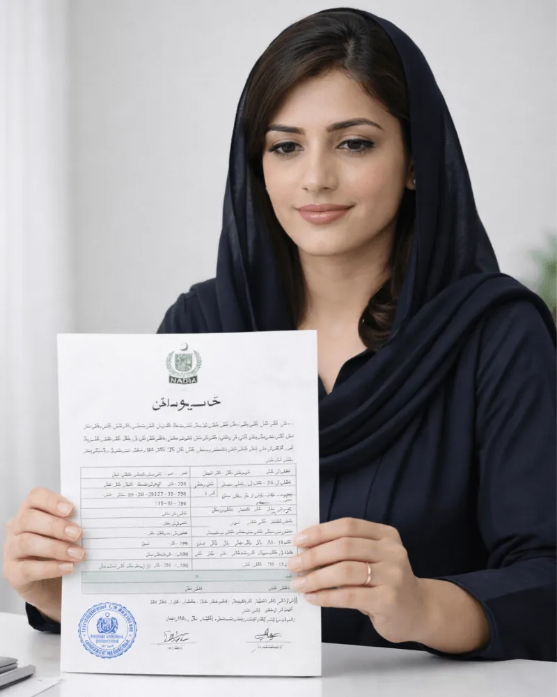 Pakistani woman reviewing certified divorce certificate translation for UK visa application