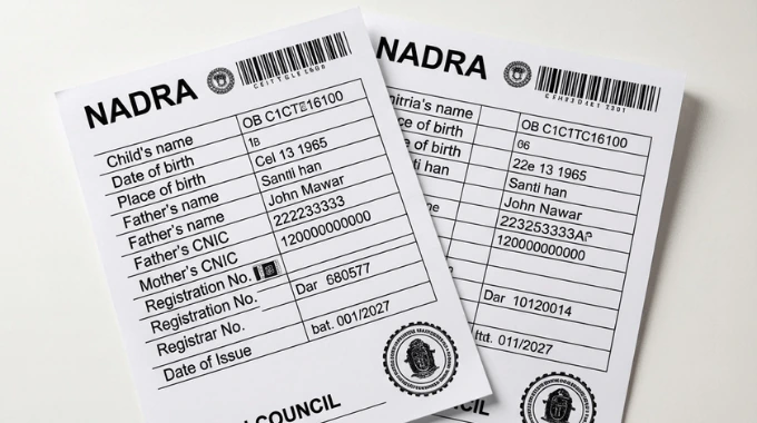 NADRA computerised birth certificate in Urdu with official barcode and stamp