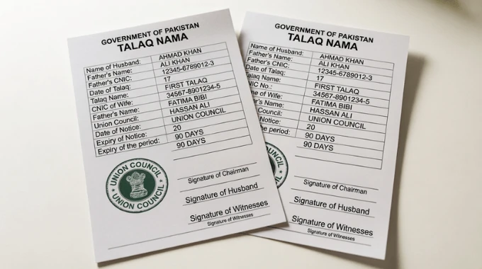 Pakistani Union Council Talaq Nama divorce deed in Urdu with official green stamp