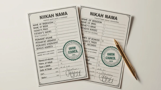 Pakistani Nikah Nama marriage contract in Urdu with Union Council stamp and registrar signature