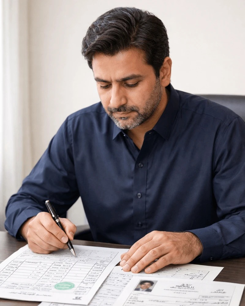 Pakistani professional reviewing certified Urdu document translations for UK visa and immigration applications