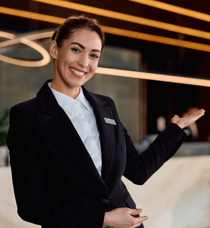 a happy woman inviting